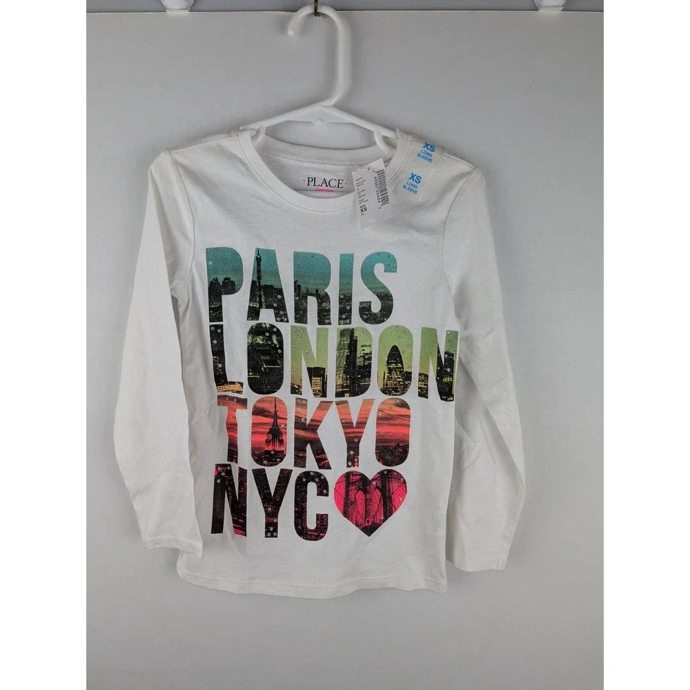 The Childrens Place Kids XS White Paris London‎ Tokyo NYC Long Sleeve Shirt NWT